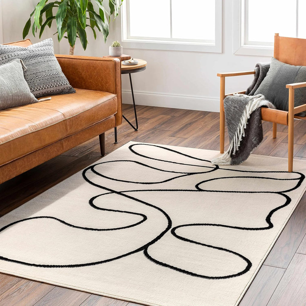 Hauteloom Eilir Modern Abstract Runner Rug - Contemporary Geometric Carpet for Hallway, Kitchen - Beige, Black, Cream - 2'7" x 7'3"