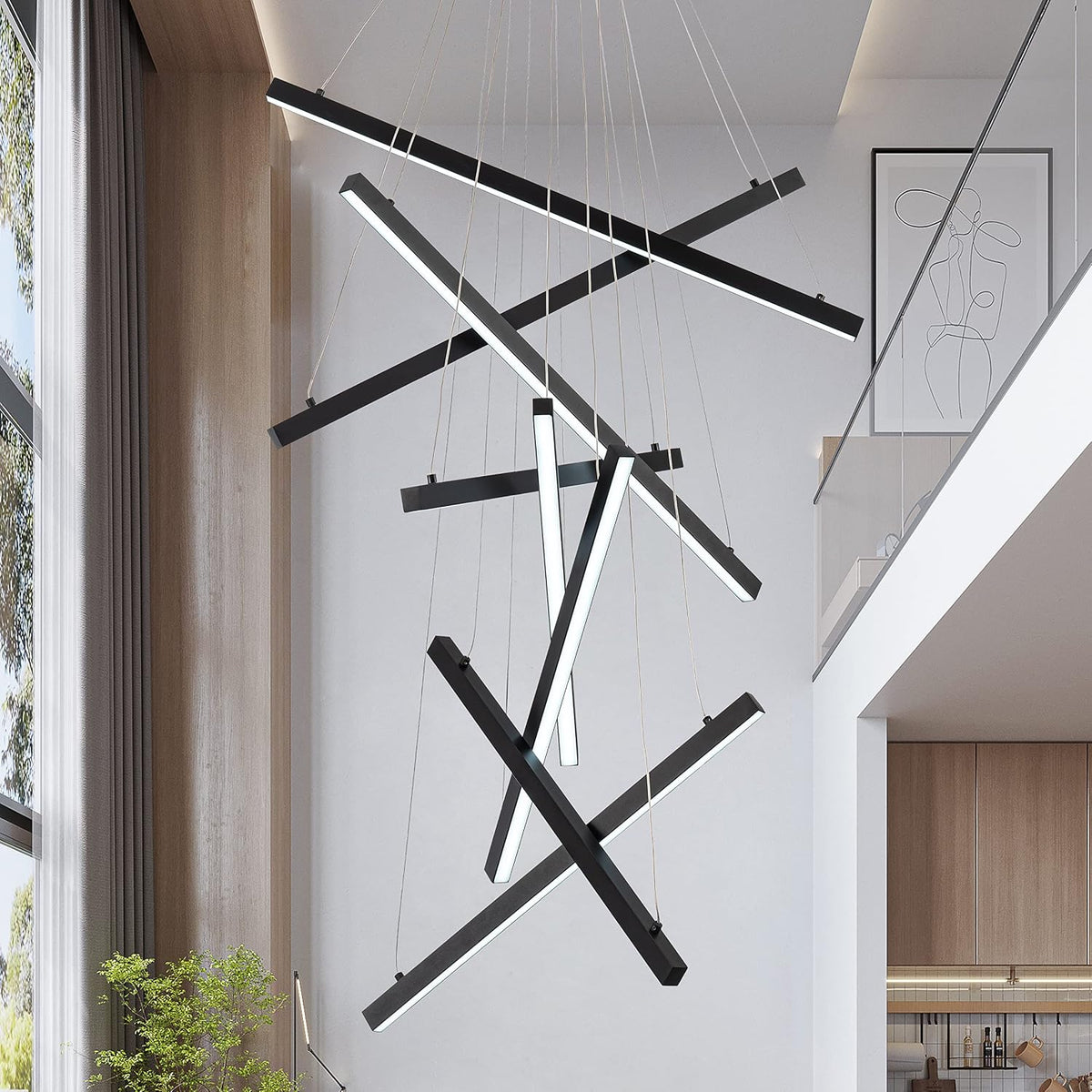 Modern Black LED 8-Light Linear Chandelier, 98.4", for High Ceilings