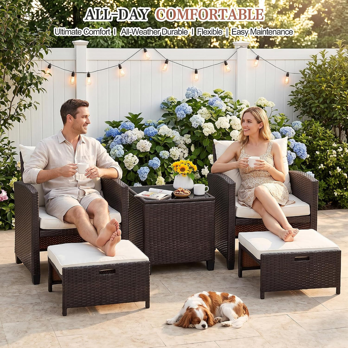 Vongrasig Patio Chair with Ottoman, 5 Pieces Patio Furniture Set Small Balcony Furniture, Rattan Patio Chairs Set of 2 with Glass Table for Front Porch Garden (Beige)