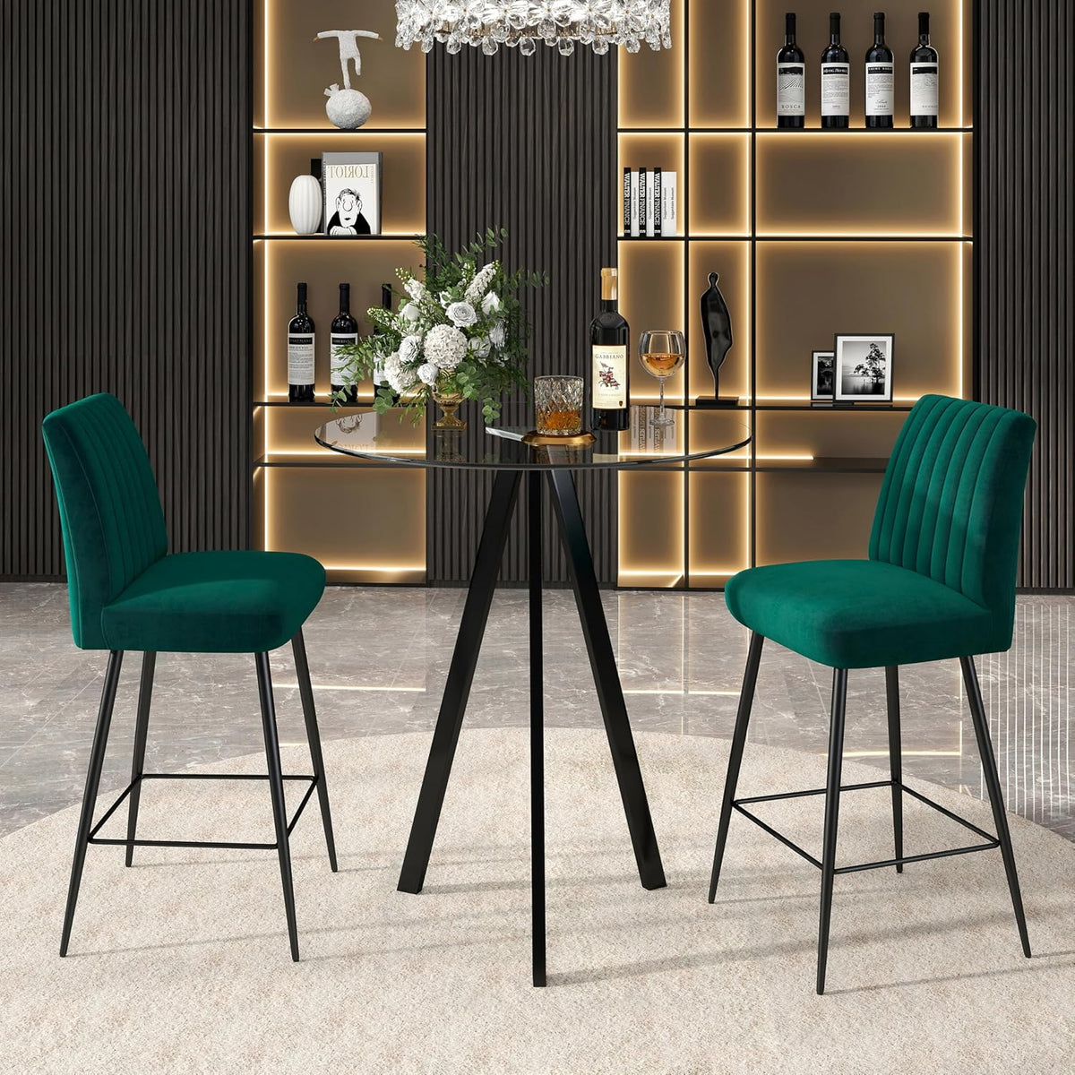 Round Bar Table, 37.4" High Pub Table, 31" Small Cocktail Table with Metal Base & Glass Top, for Small Spaces, Bistro Pub, Cafe(Black)