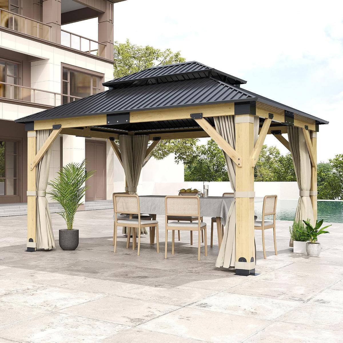 11x13FT Wood Gazebo, Outdoor Wooden Gazebo with Galvanized Steel Double Roof, Hardtop Gazebos for Garden, Patio, Deck, Backyard (w/Beige Curtain &Netting)