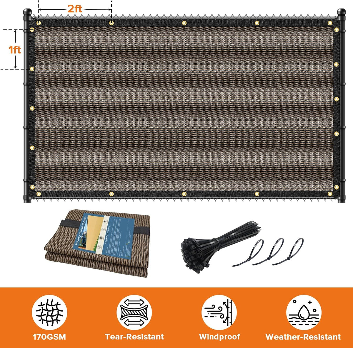 5ftx50ft Fence Privacy Screen Heavy Duty 170 GSM Windscreen & Dustproof Fabric Privacy Screen Covering Mesh Fencing for Outdoor Patio, Balcony, Pool Deck, Brown