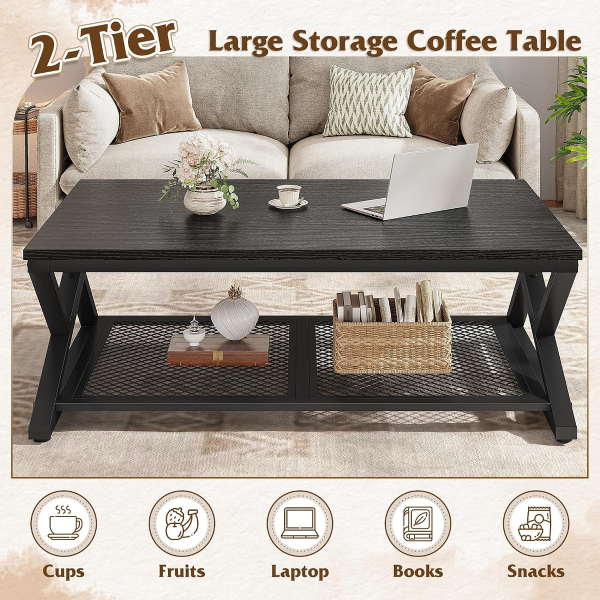 EnHomee Coffee Table with Storage & Shelf for Living Room, Black Oak