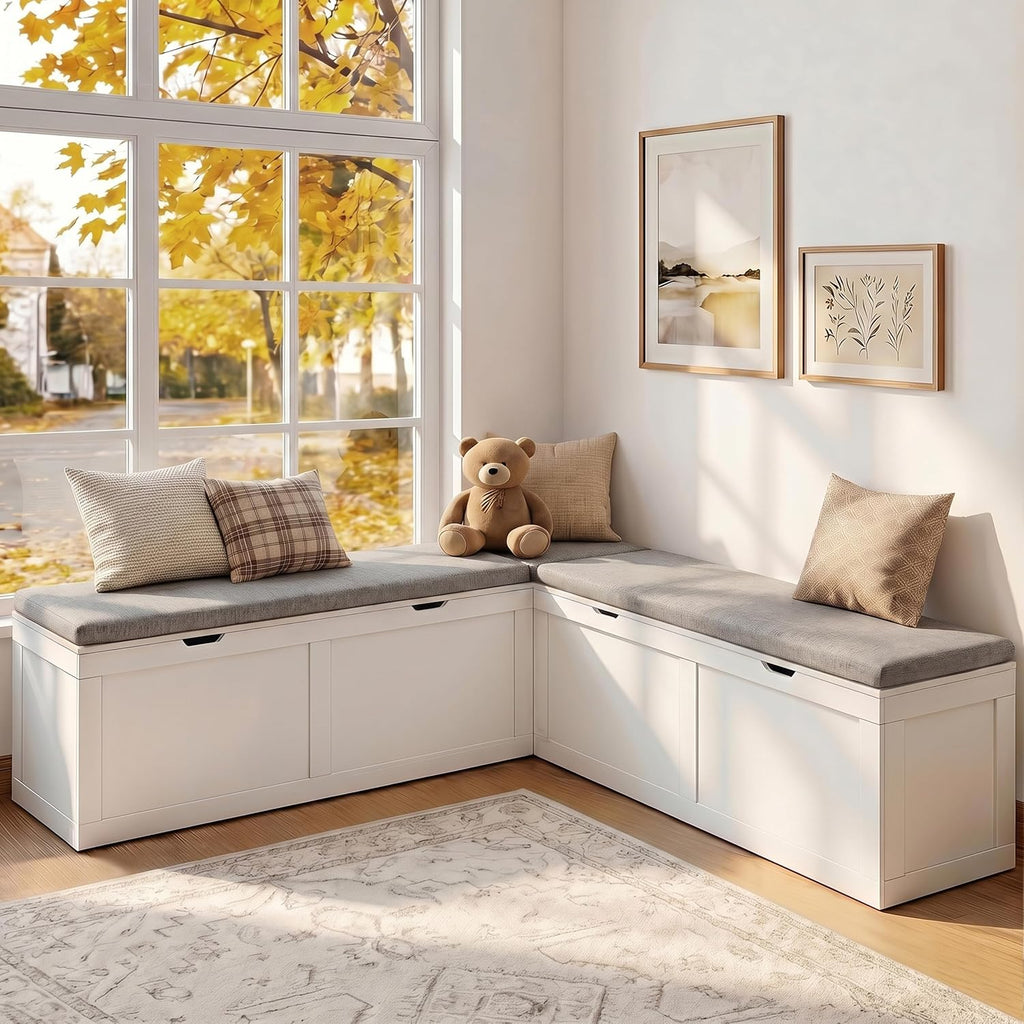 63” Breakfast Nook Bench, L Shaped Storage Bench with Cushion, White
