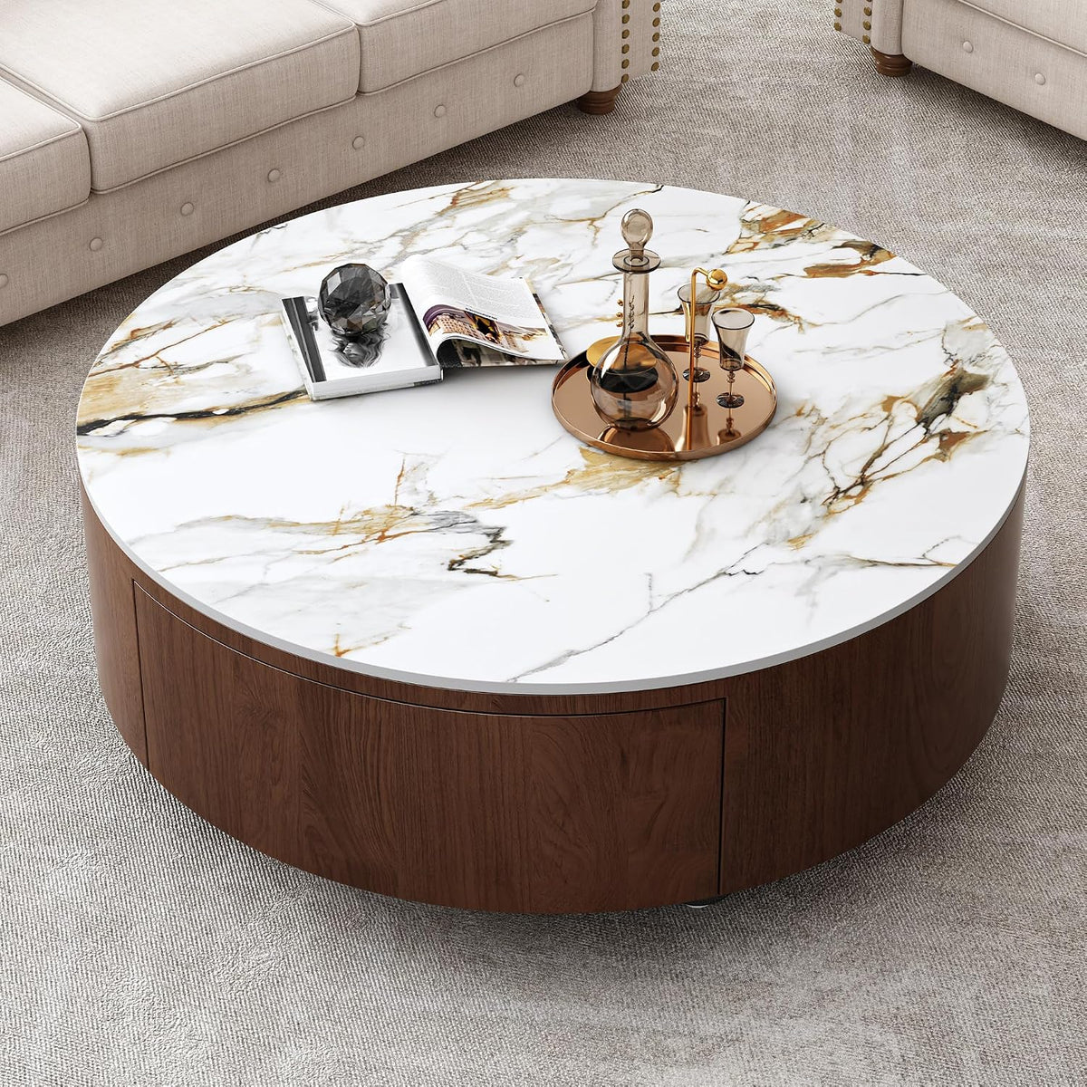 35” Round Coffee Table with Hidden Storage Drawers, Mid Century Modern Center Table with Faux Marble Tabletop & Wheels for Living Room, Home Office, Apartment, Walnut Brown+White