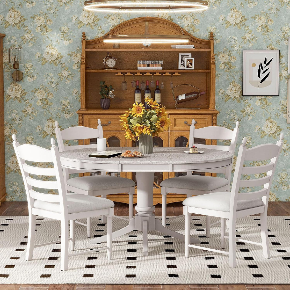 LUMISOL 5-Piece Solid Wood Dining Table Set for 4, Farmhouse Kitchen Table Set with Extendable Round Table & 4 Upholstered Chairs for Kitchen, Dining Room, Small Space, Antique White