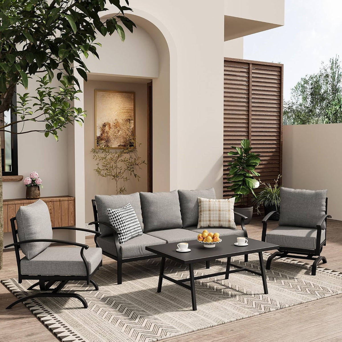 ALAULM 4 Piece Patio Furniture Set,Outdoor Metal Patio Furniture with Coffee Table & Rocking Chairs Conversation Set for Porch,Backyard,Poolside, Garden-Grey