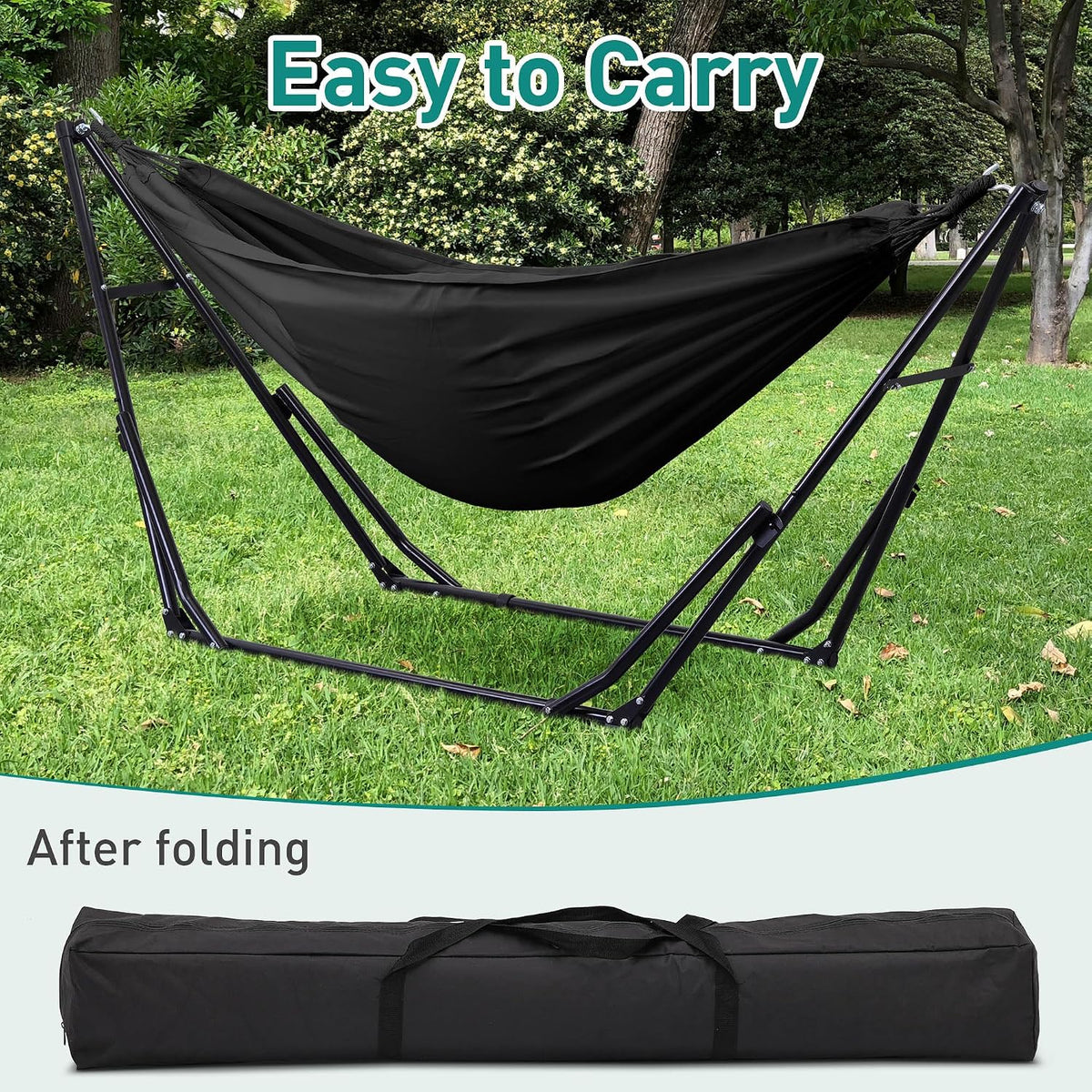 Ainfox Hammock with Foldable Stand, 2 in 1 Hammock and Swinging Chair with Carrying Bag, Portable Camping Chair Suitable for Outside, Swing,Patio,Garden,Camping Trip Black