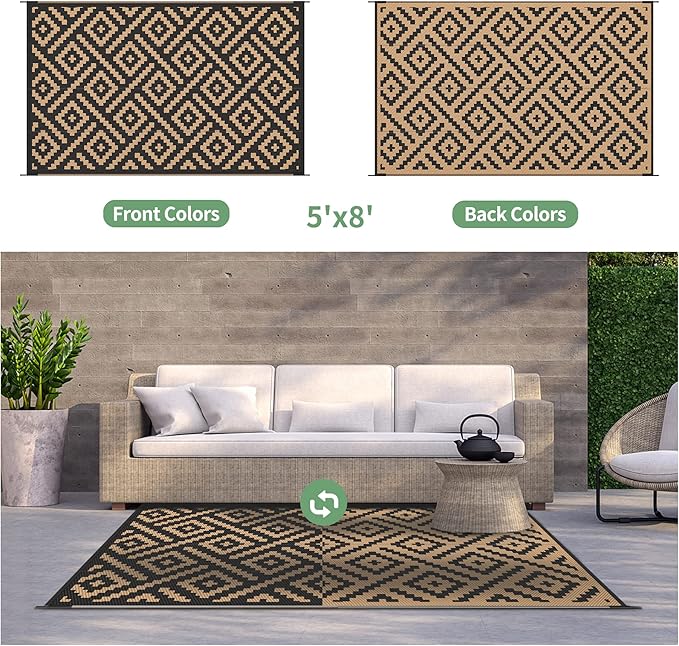 GENIMO 5x8 Outdoor Rug Waterproof, Reversible Mats, Area Rug, Plastic Outside Carpet, Geometric Rv Mat for Patio Camping Rv Picnic Backyard Deck Balcony Porch Beach Trailer (Black & Brown)