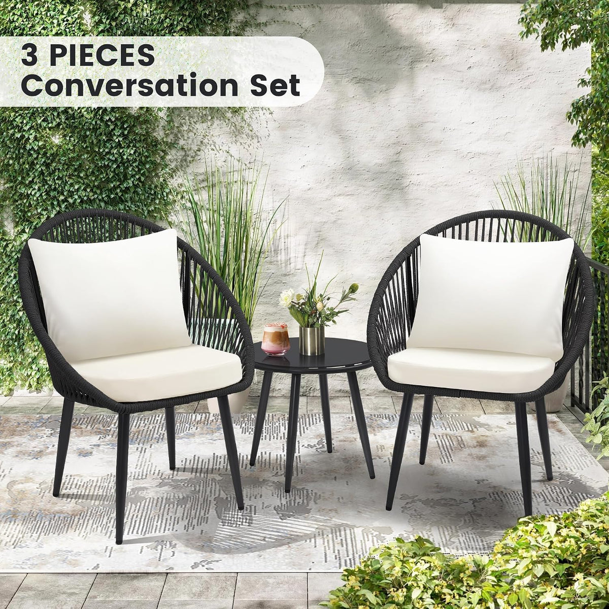 wildformers 3-piece bistro set, woven rope chair with shown in use