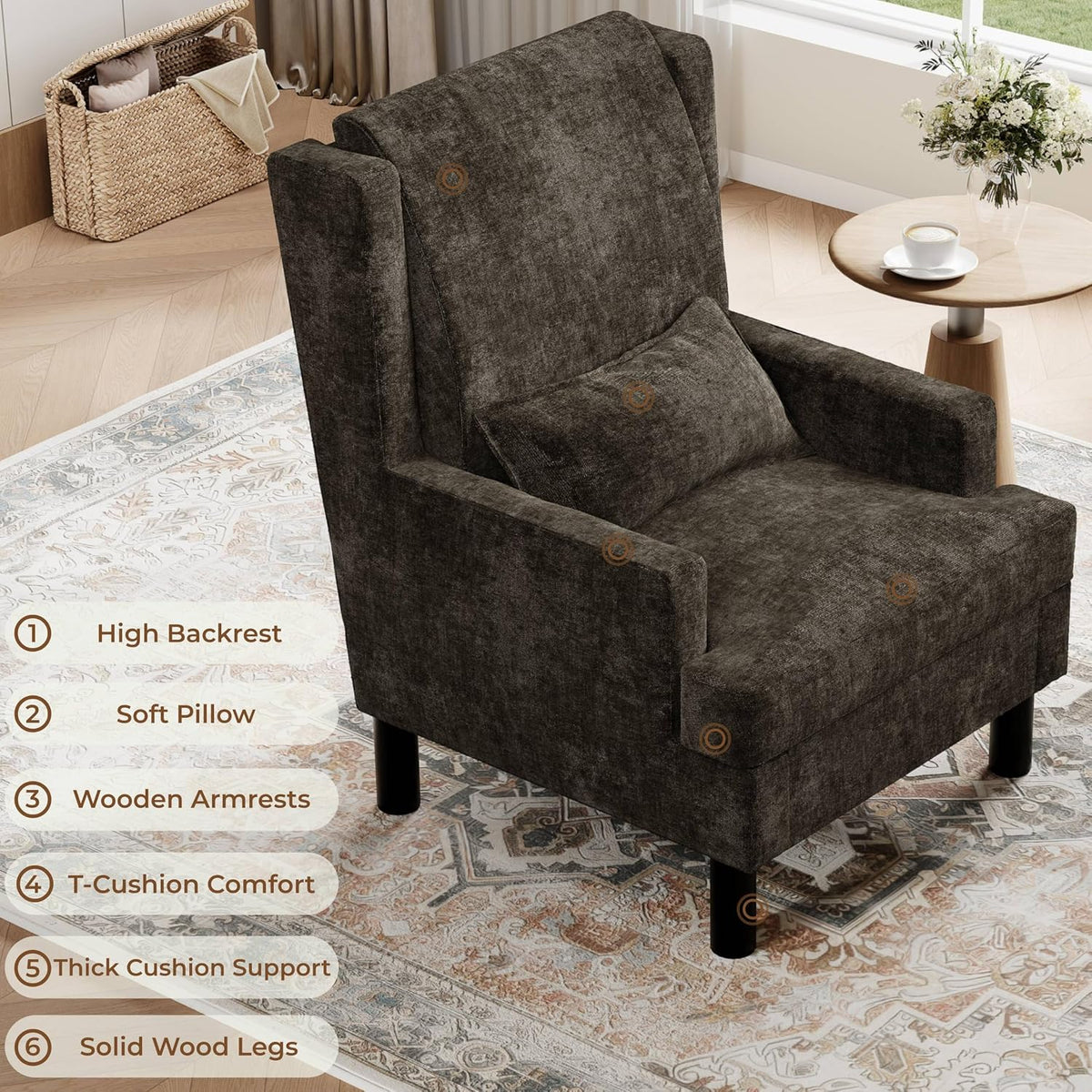 Garvee Wingback Accent Chair for Living Room, Mid-Century Modern Reading Chair for Bedroom, Modern Chenille Upholstered Comfy Armchair with High Back, Soft Pillow, and Sturdy Wood Legs