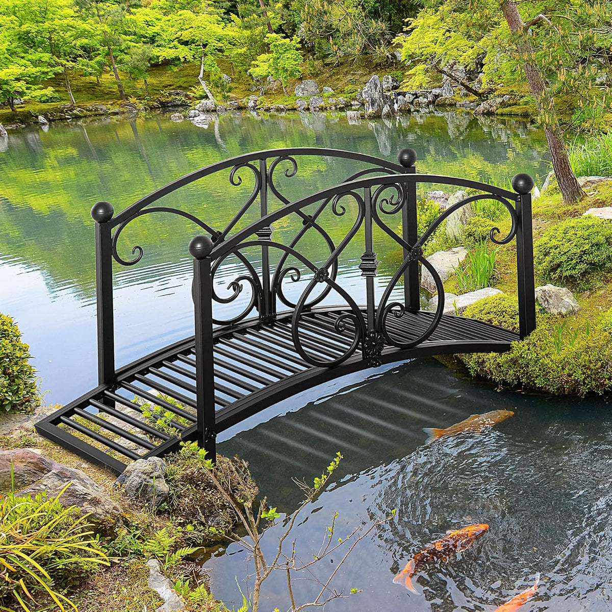 Outsunny 3.3FT Metal Arch Zen Garden Bridge with Safety Siderails Black
