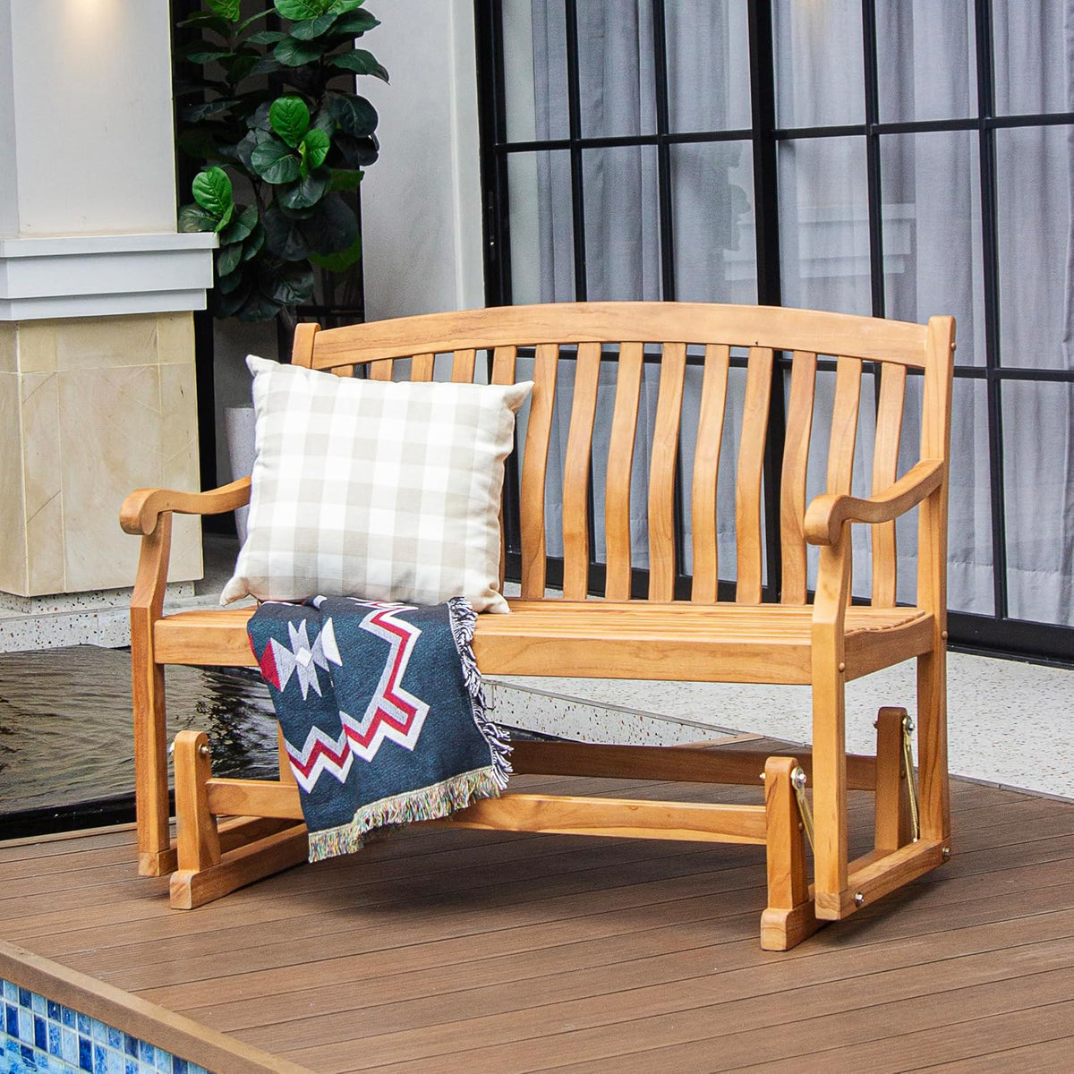 Cambridge Casual Arie Teak Wood Glider Bench – Outdoor Wooden Patio Bench with Smooth Gliding Motion – Weather-Resistant Seating for Porch, Deck, Garden, or Backyard