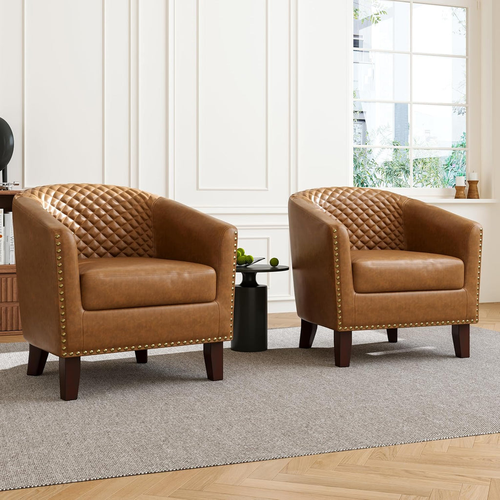 Faux Leather Barrel Accent Chair with Nailhead, Light Browm, Set of 2