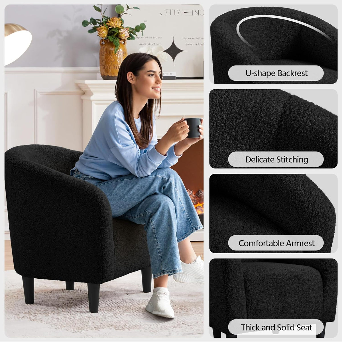 Topeakmart 25.5in Wide Small Sherpa Barrel Accent Chair for Bedroom, Black