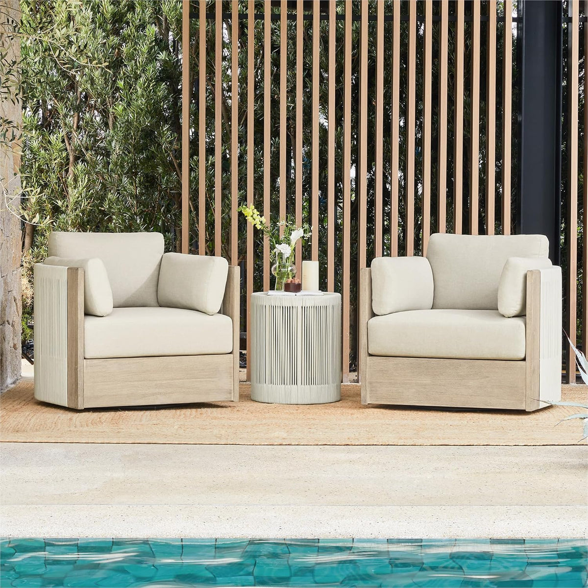 CHITA 3-Piece Boho Patio Rattan Bistro Set, FSC Acacia Wood Frame, Cream