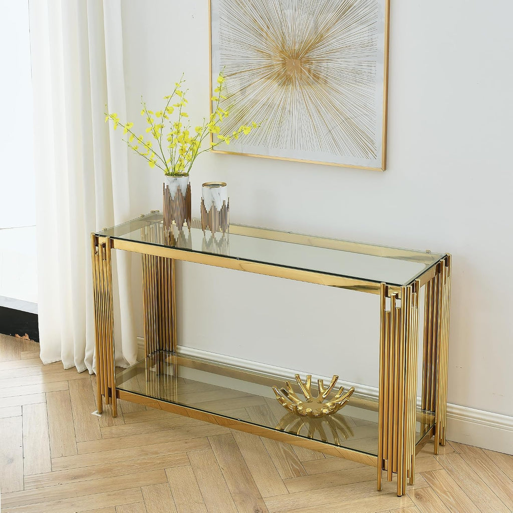 Modern Glass Console Table, 55" Gold Sofa Table with Sturdy Metal Frame and Clear Tempered Glass Top, for Living Room Entryway Bedroom, Gold Finish (Gold4)