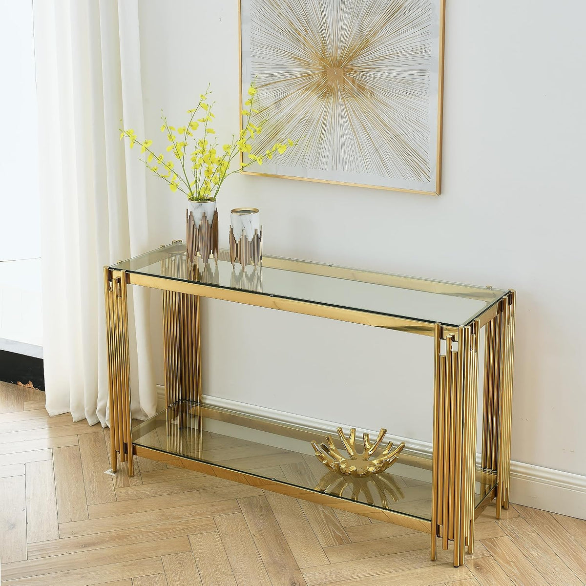 Modern Glass Console Table, 55" Gold Sofa Table with Sturdy Metal Frame and Clear Tempered Glass Top, for Living Room Entryway Bedroom, Gold Finish (Gold4)