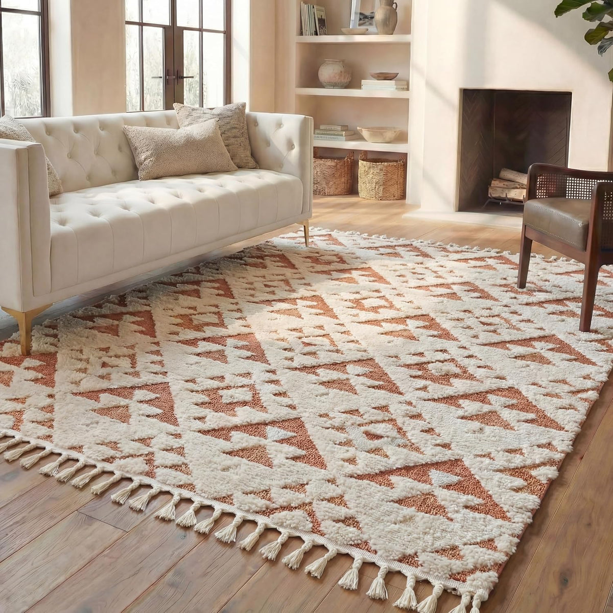 SAFAVIEH Area Rug 8x10 - Moroccan Tassel Shag Collection - Large - Ivory & Brick Rust, Non-Shedding & Easy to Clean, Plush High-Low Texture, Ideal for Living Room, Bedroom, Dining Space (MTS688P)