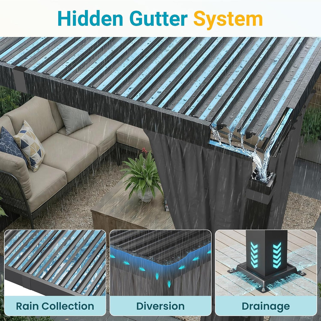 10' x 12' Pergola with Curtain & Adjustable Roof & Aluminum Frame for Patio