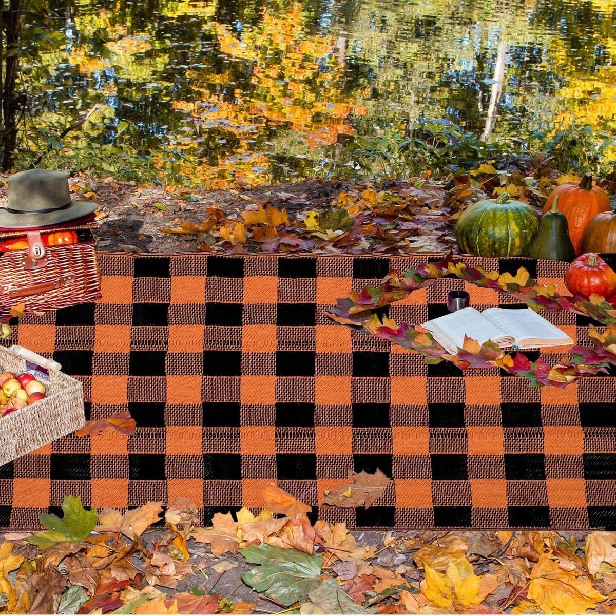 Tinideya 4' x 6' Fall Outdoor Rug, Plaid Buffalo, Orange and Black