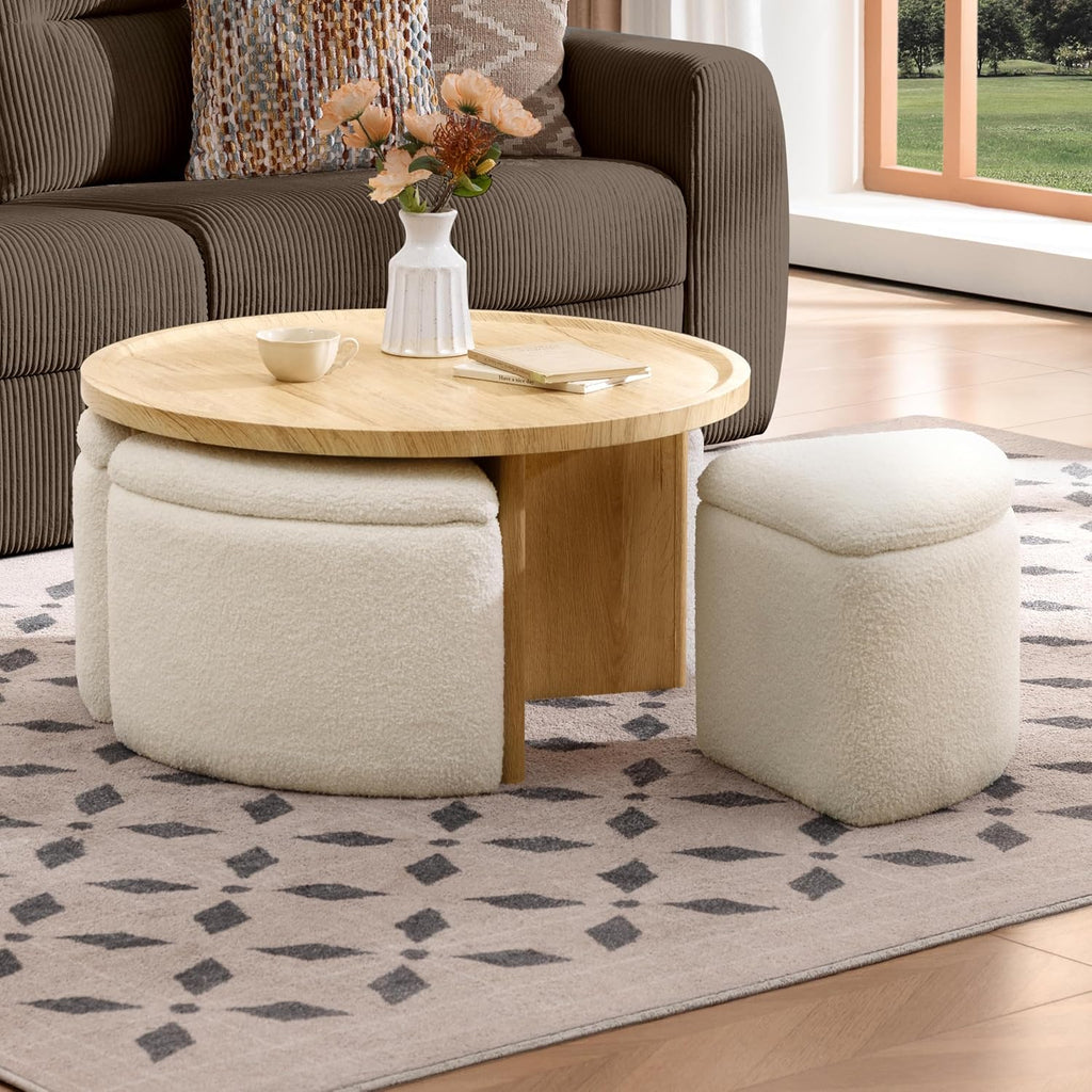 Round Coffee Table with Stools Underneath, 4 Storage Ottomans Chairs&Seats
