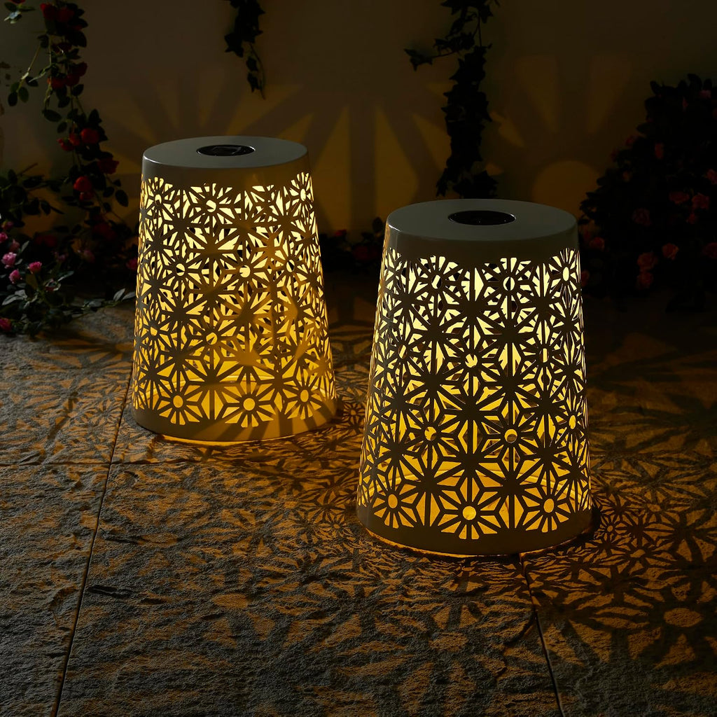 Glitzhome Ourdoor Side Table Set of 2,Solar Iron Cutout Geometric Pattern Decorative Garden Stool Planter Stand,Accent Table or Lantern for Patio Poolside Party Yard,White