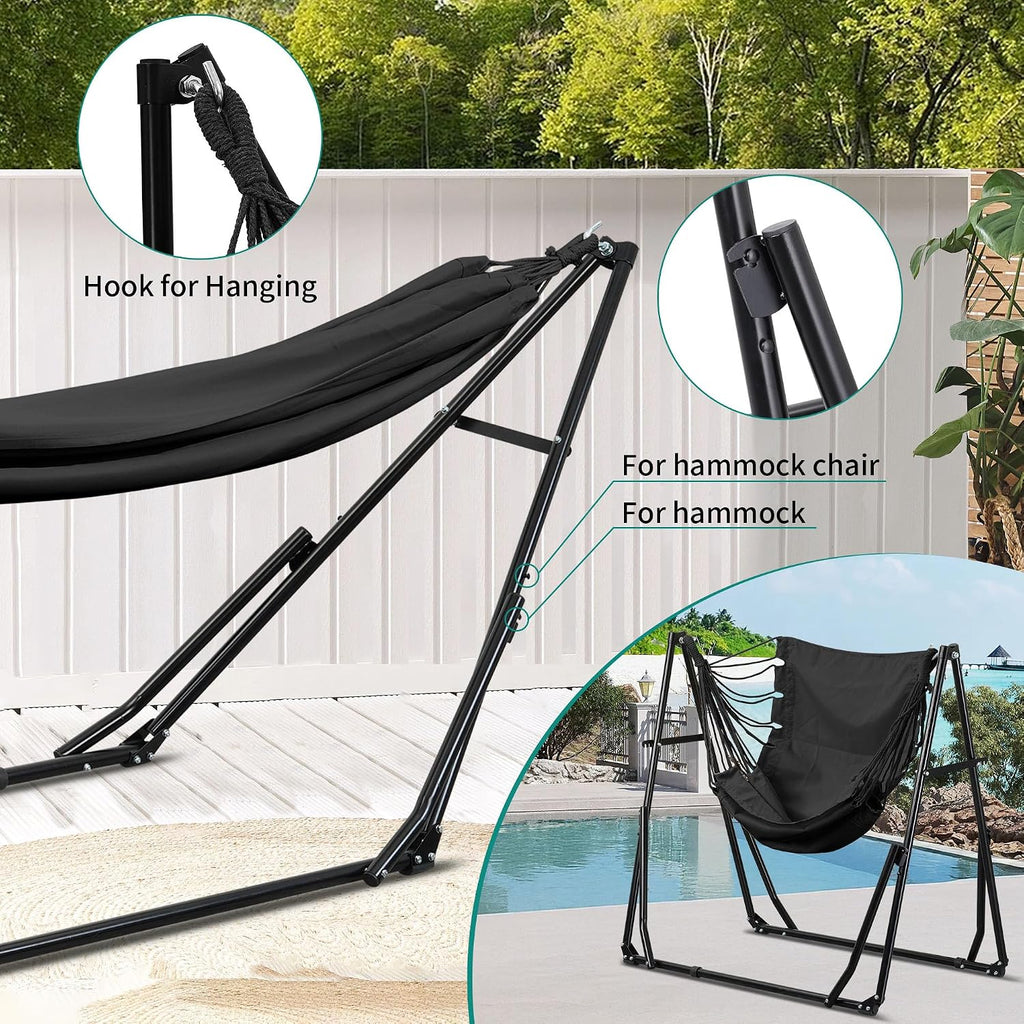 Ainfox Hammock with Foldable Stand, 2 in 1 Hammock and Swinging Chair with Carrying Bag, Portable Camping Chair Suitable for Outside, Swing,Patio,Garden,Camping Trip Black