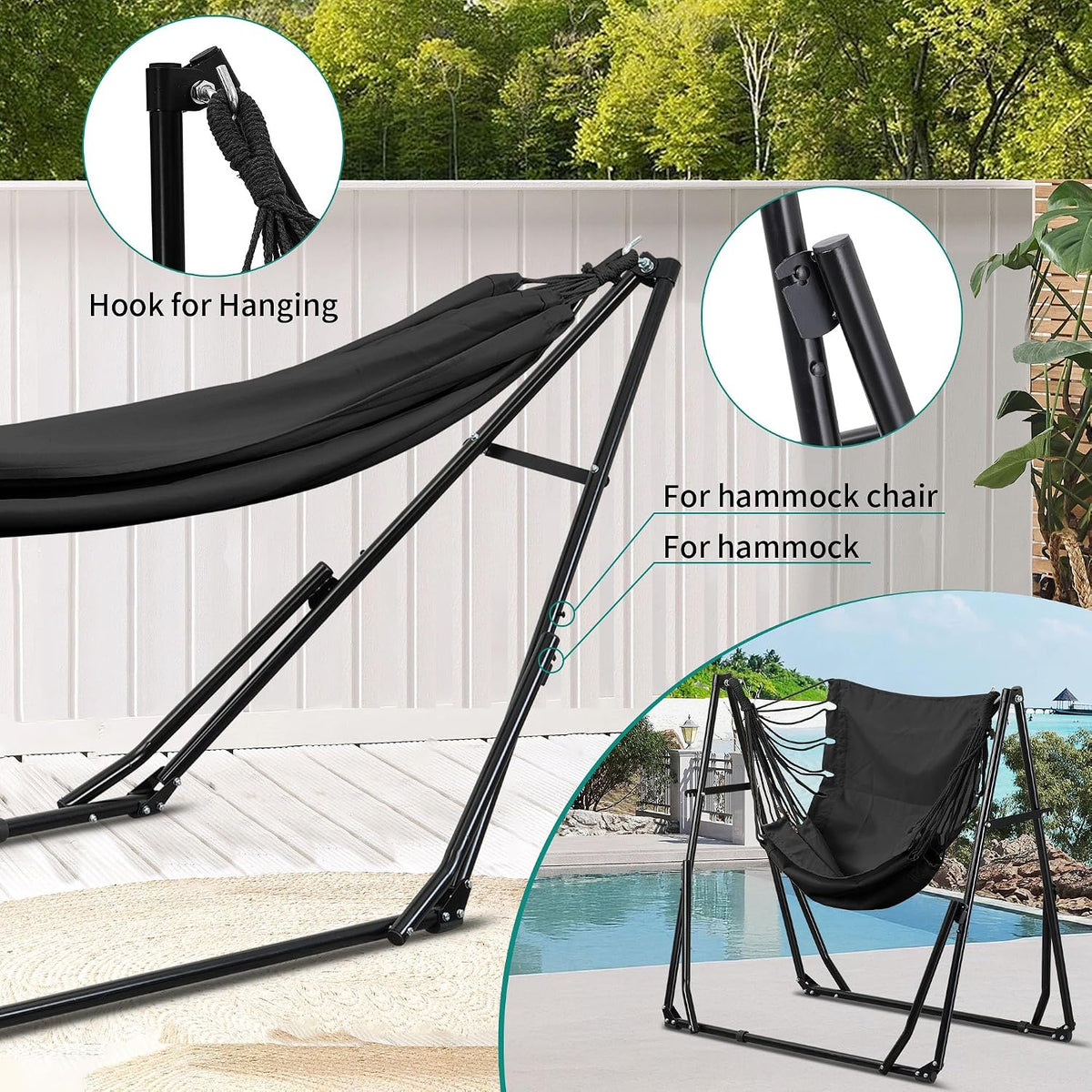 Ainfox Hammock with Foldable Stand, 2 in 1 Hammock and Swinging Chair with Carrying Bag, Portable Camping Chair Suitable for Outside, Swing,Patio,Garden,Camping Trip Black