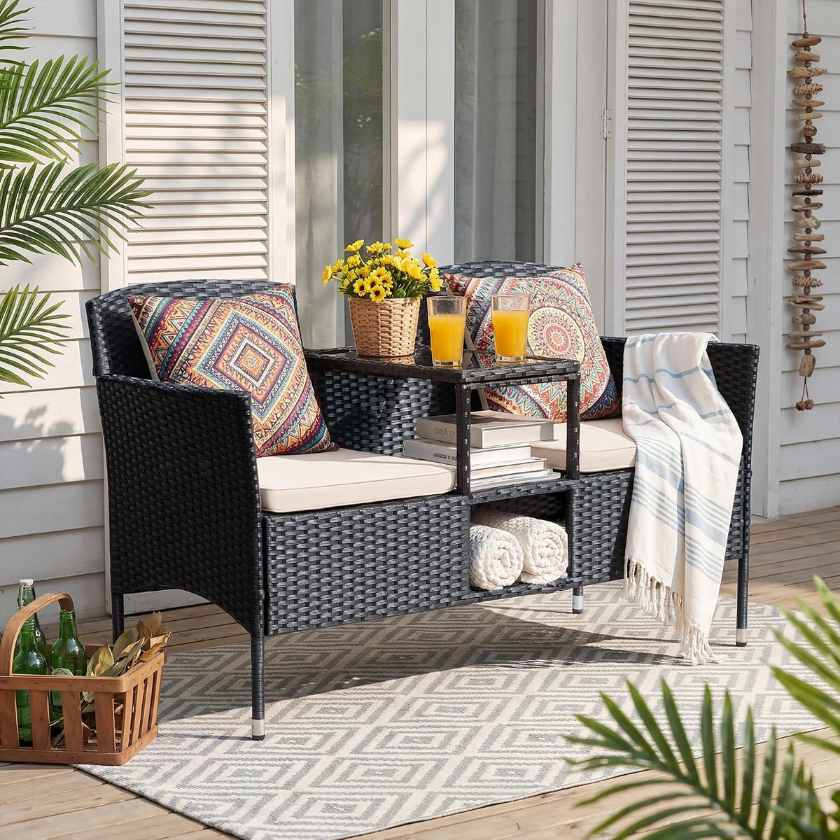 Devoko Outdoor Patio Loveseat Rattan 2-Seat Patio Conversation Set, Beige