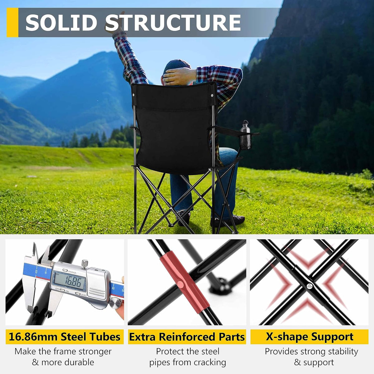 Joyfair Camping Chairs for Lawn & Beach, Large for Adults, Black