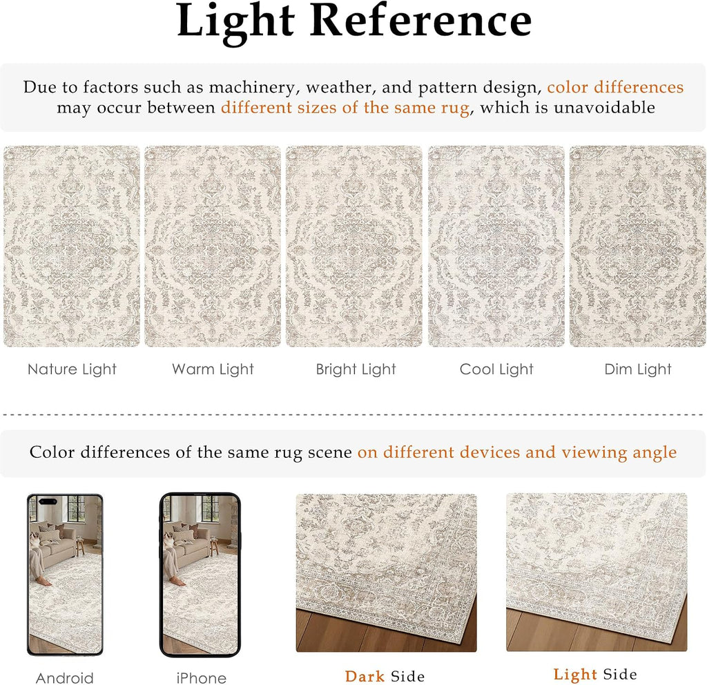 PureCozy Beige 8x10 Area Rug Washable Vintage Distressed