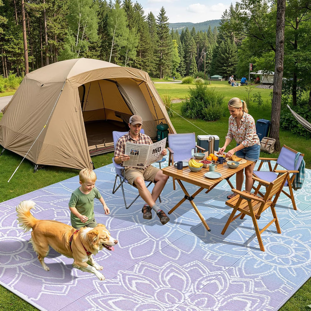 LOKHOM Outdoor Rug for Patio 6x9 ft Reversible Plastic Straw Patio Camping Rug, Floral Waterproof RV Mat for Camper Indoor Outdoor Carpet for Deck Porch Picnic Beach Balcony Backyard, Blue-Purple