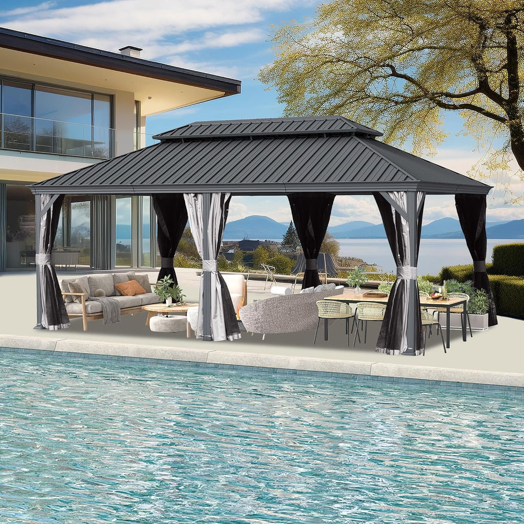 Domi 14’ x 24’ Outdoor Hardtop Gazebo, Upgraded Metal Gazebo with Galvanized Steel Double Roof, Heavy Duty Canopy Permanent Pavilion for Patio Lawn and Garden, Curtains and Netting Included, Grey