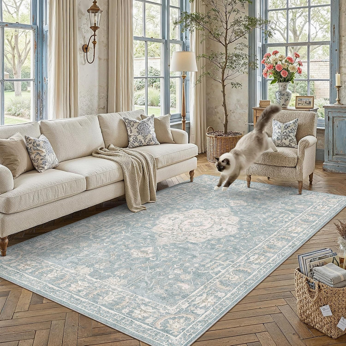 PureCozy Blue 6x9 Washable Area Rug for Living Room Vintage Medallion