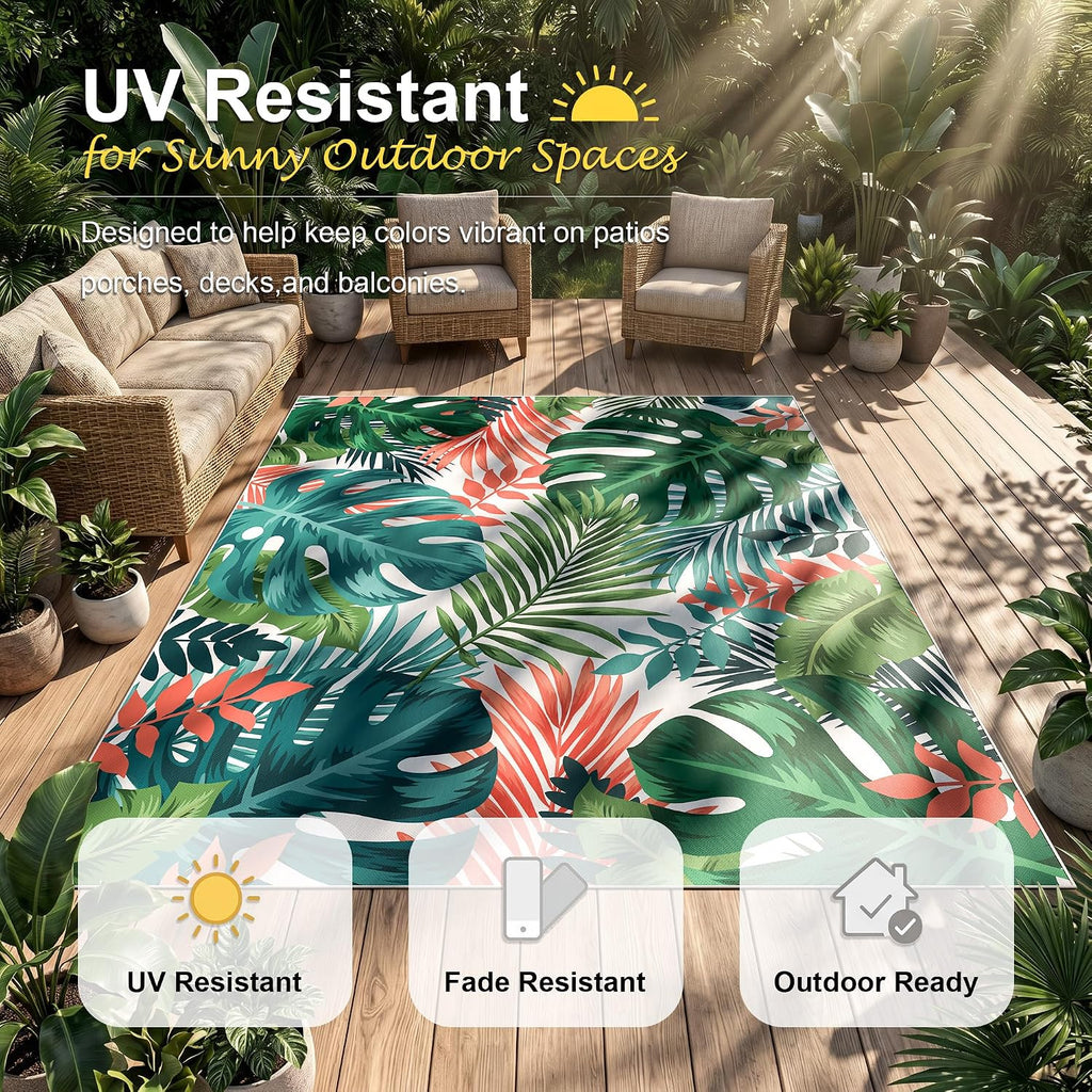 Arenarug 5x8 Monstera Tropical Outdoor Rug Waterproof, Teal