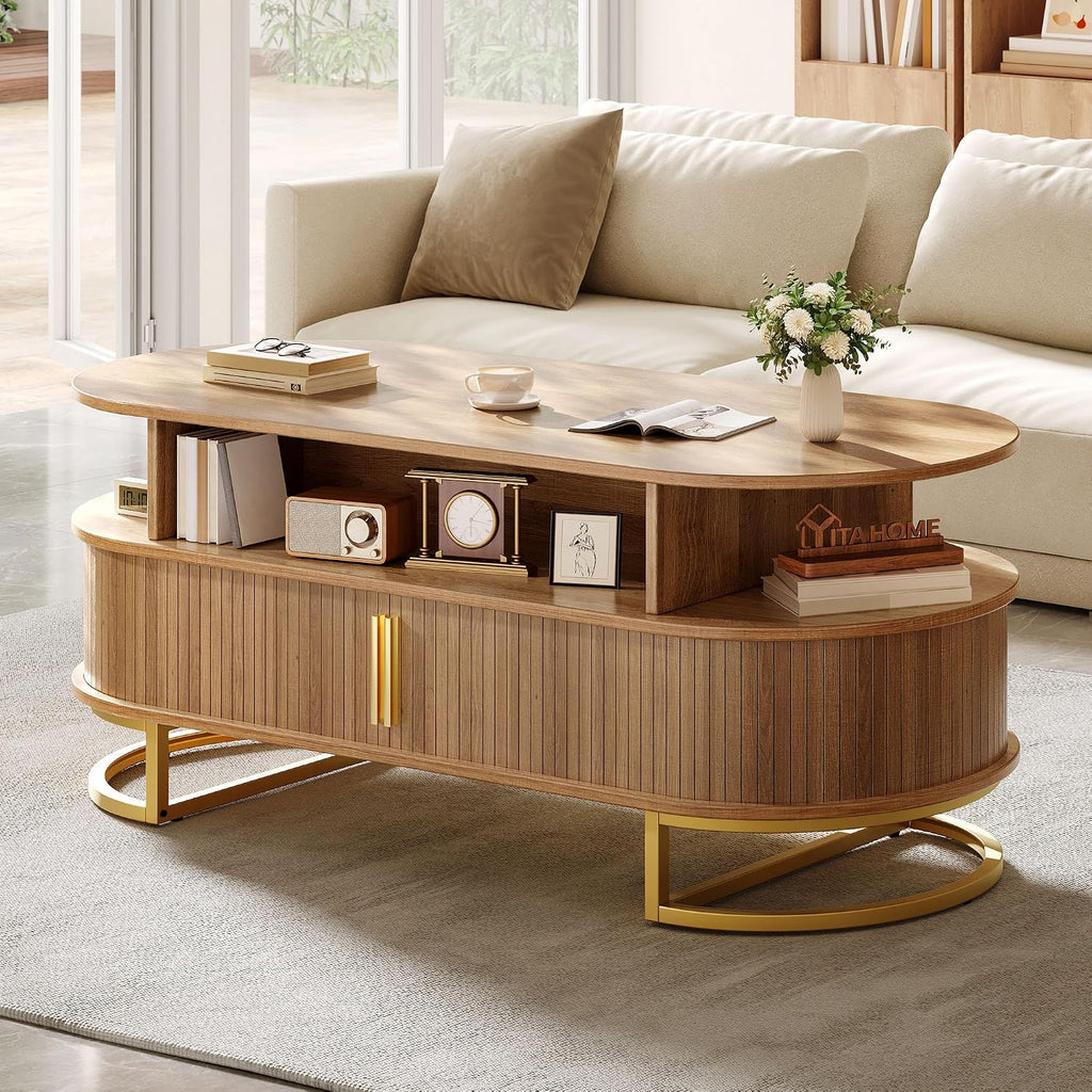 YITAHOME 47.2" Oval Coffee Table with Sliding Doors, Storage, Natural Oak