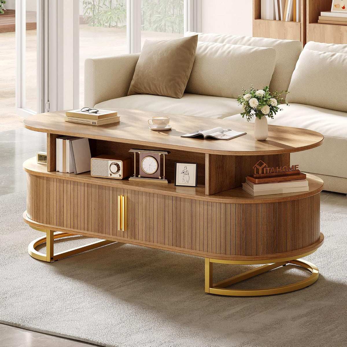 YITAHOME 47.2" Oval Coffee Table with Sliding Doors, Storage, Natural Oak