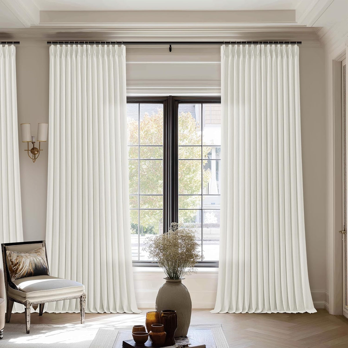Natural Beige Semi Sheer Pinch Pleated Linen 70 Inch Extra Wide Curtains