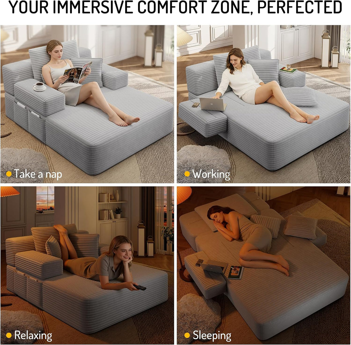 Avenix 70" Oversized Boneless Chaise Lounge Chair Indoor, Comfy Oversized Reading Chair Sleeper Sofa Bed, No Assembly Required, Light Gray
