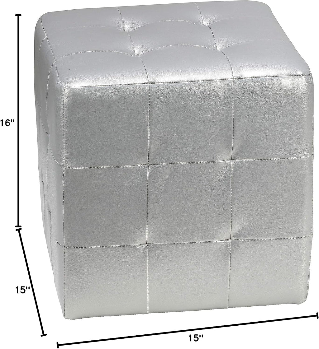 Cortesi Home Apollo Cube Ottoman in Metallic Silver Faux Leather