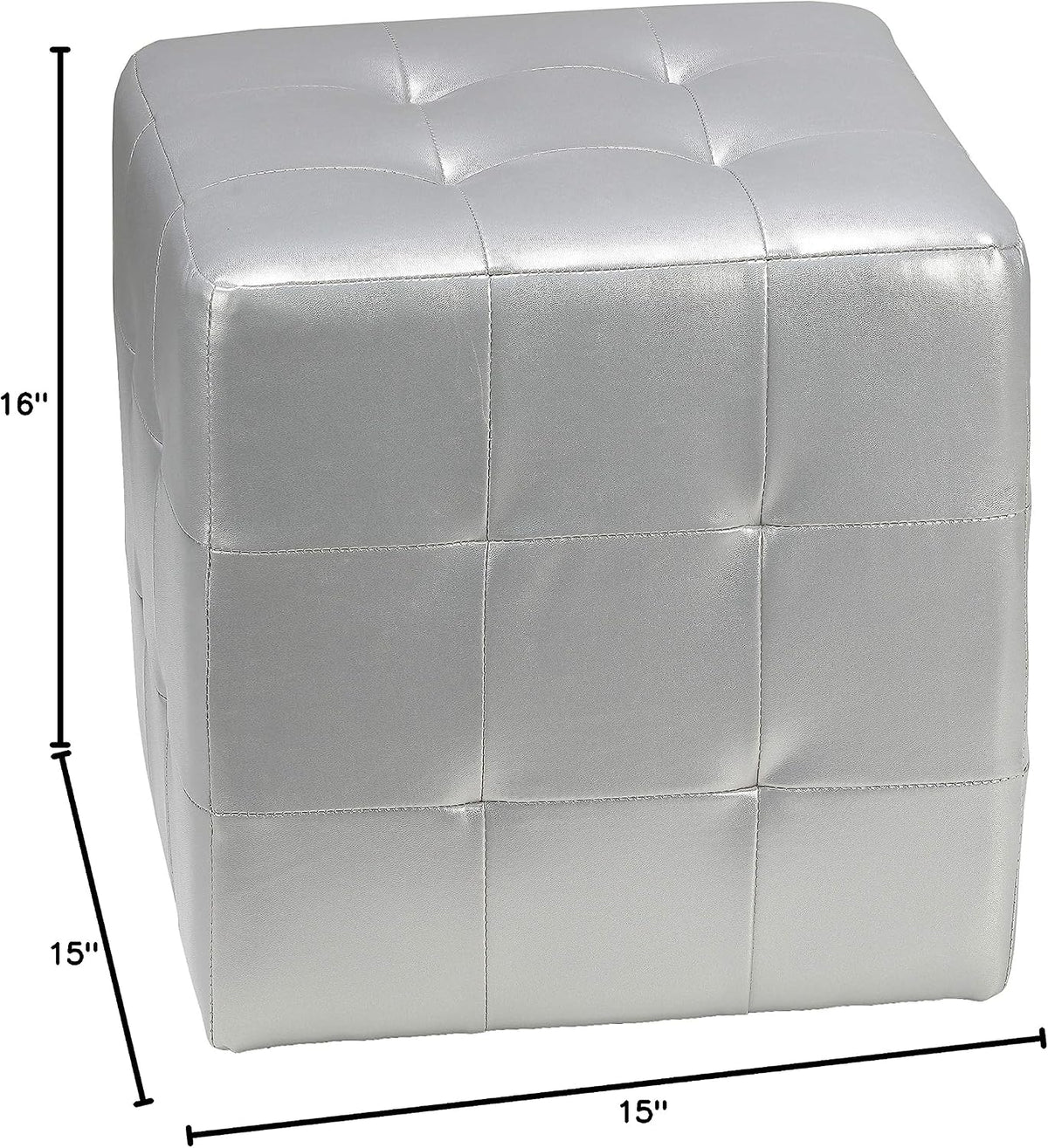 Cortesi Home Apollo Cube Ottoman in Metallic Silver Faux Leather