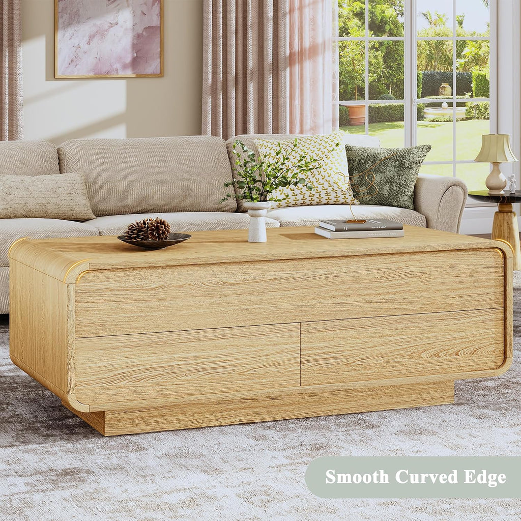 HUAHUU Lift Top Coffee Table with Storage, 2-Tier Center Table with 2 Drawers, Curved Profile Design, Wooden Rectangular Living Room Table, Modern Coffee Table for Living Room, Office, Natural Oak