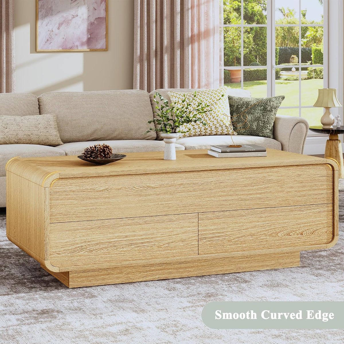 HUAHUU Lift Top Coffee Table with Storage, 2-Tier Center Table with 2 Drawers, Curved Profile Design, Wooden Rectangular Living Room Table, Modern Coffee Table for Living Room, Office, Natural Oak