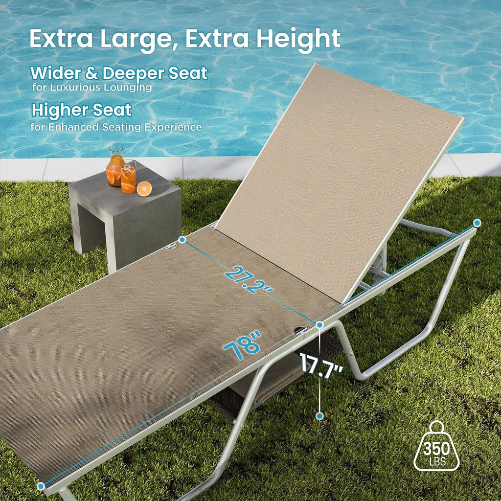 PHI VILLA 78" Oversized Outdoor Chaise Lounge Chair Set of 2, 27" Extra Wide, 5-Position Adjustable, UV50+ Textilene Mesh, Rust-Proof Frame, Brown