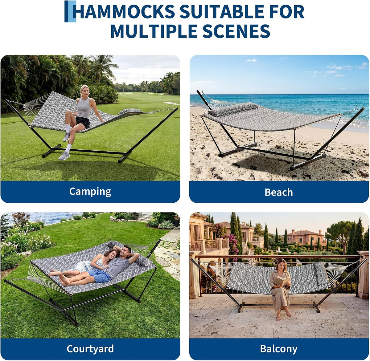 Garvee 2 Person Portable Double Hammock for Outdoor with Pillow, Heavy Duty Portable Hammock with Adjustable Steel Stand for Patio, Garden, Beach, Backyard