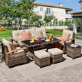 MEISSALIVVE 7 Pieces Patio Furniture Sets, PE Wicker Outdoor Conversation Sets with 2 Wood Armrests Swivel Rocker Chairs, 2 Ottomans,3-seat Sofa and Dining Table (Beige)