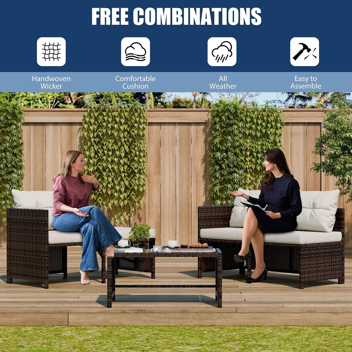 Vongrasig 3 Piece Patio Furniture Sets, All-Weather PE Wicker Outdoor Sofa Couch Sectional Set, Small Conversation Set for Garden/Patio w/Cushion, Glass Table, (Beige)