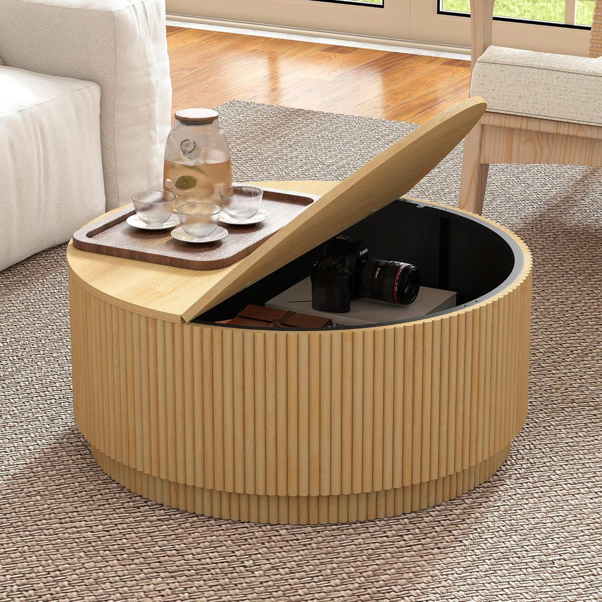 LEVNARY 31.5" Round Coffee Table with Storage, Boho Coffee Tables with Fluted Base, Wooden Circle Accent Center Table for Living Room Small Space Apartment Office (Natural)