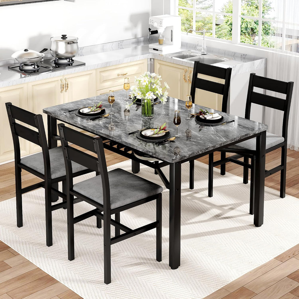 Hooseng 5 Piece Dining Table Set for 4, Modern Kitchen Table with Storage Rack and 4 Upholstered Chairs, Faux Marble Dining Room Table Set for Apartment, Small Spaces (Gray)